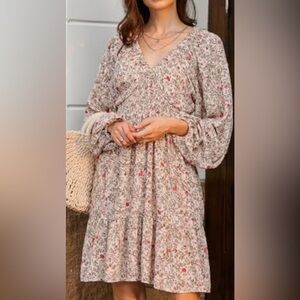 Dokotoo Boho Floral Mini Dress | Size M | Smocked Waist | Long Sleeve | V-Neck